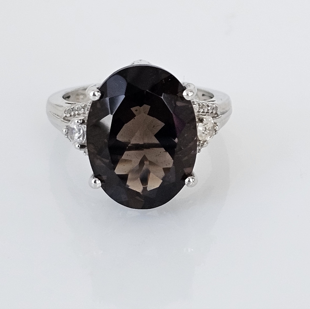 Natural Colombianite & White Zircon Ring Sterling Silver Platinum Finish Sz 8!